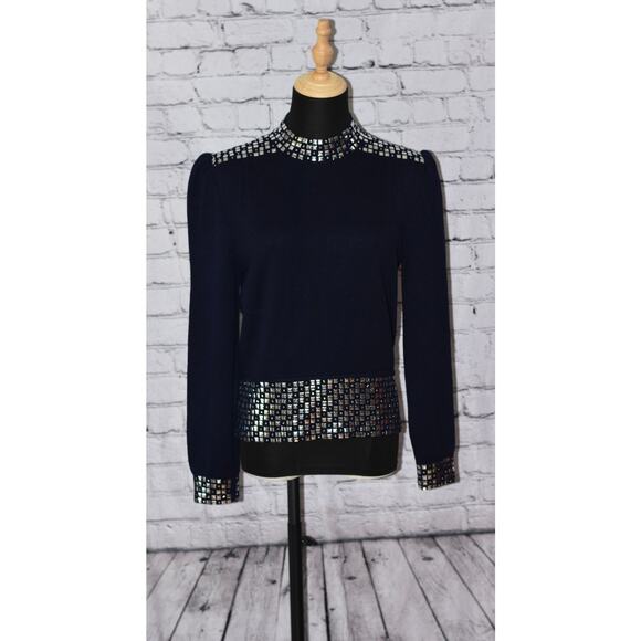 ST. JOHN Evening Embellished Paillette Long Sleeve Knit Stretch Sweater - Picture 4 of 7